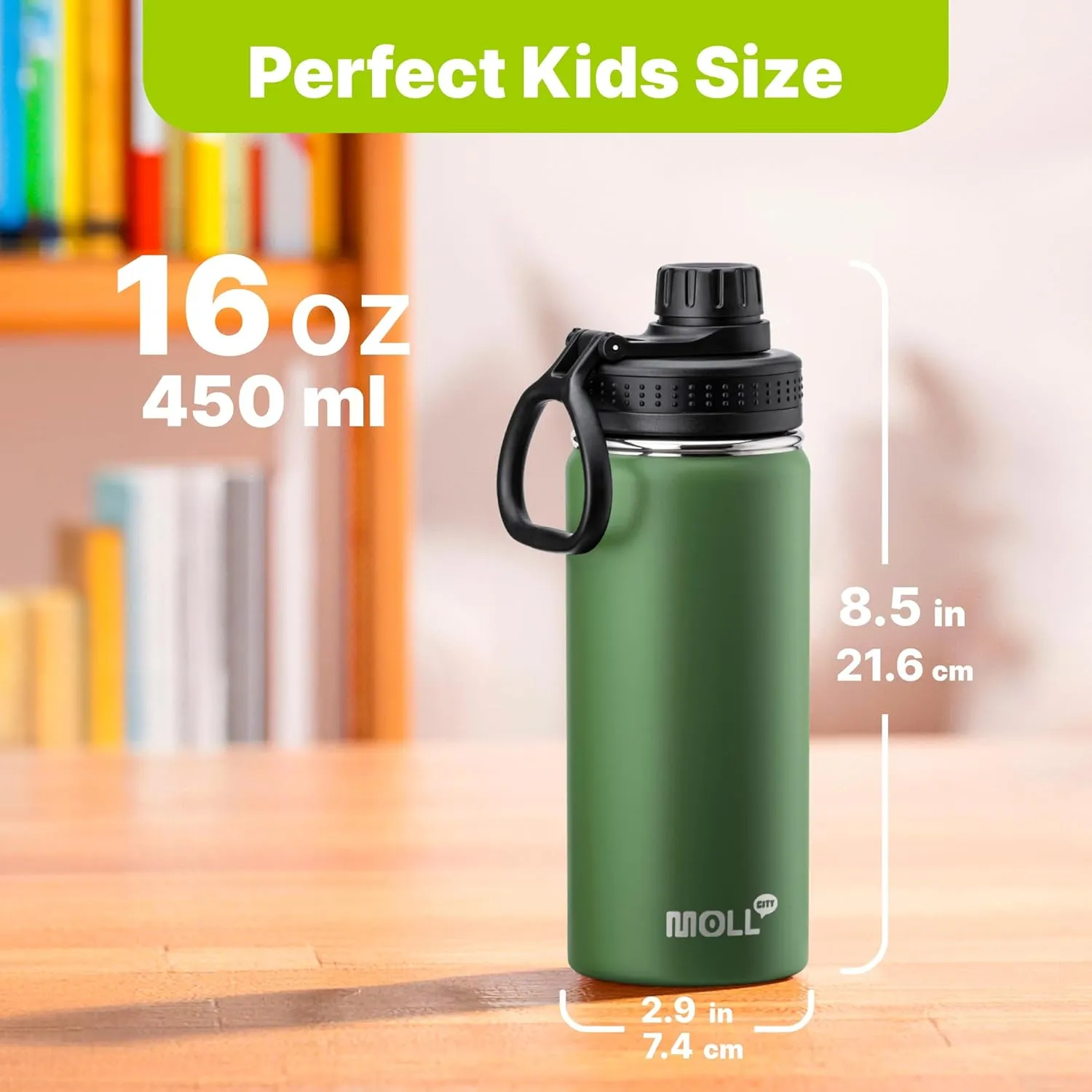 Insulated Water Bottle 2 Pack-16 oz Stainless Steel Vacuum Sports Water Bottle Wide Mouth Flask with Leakproof Spout Lid (Navy-Grass Green)