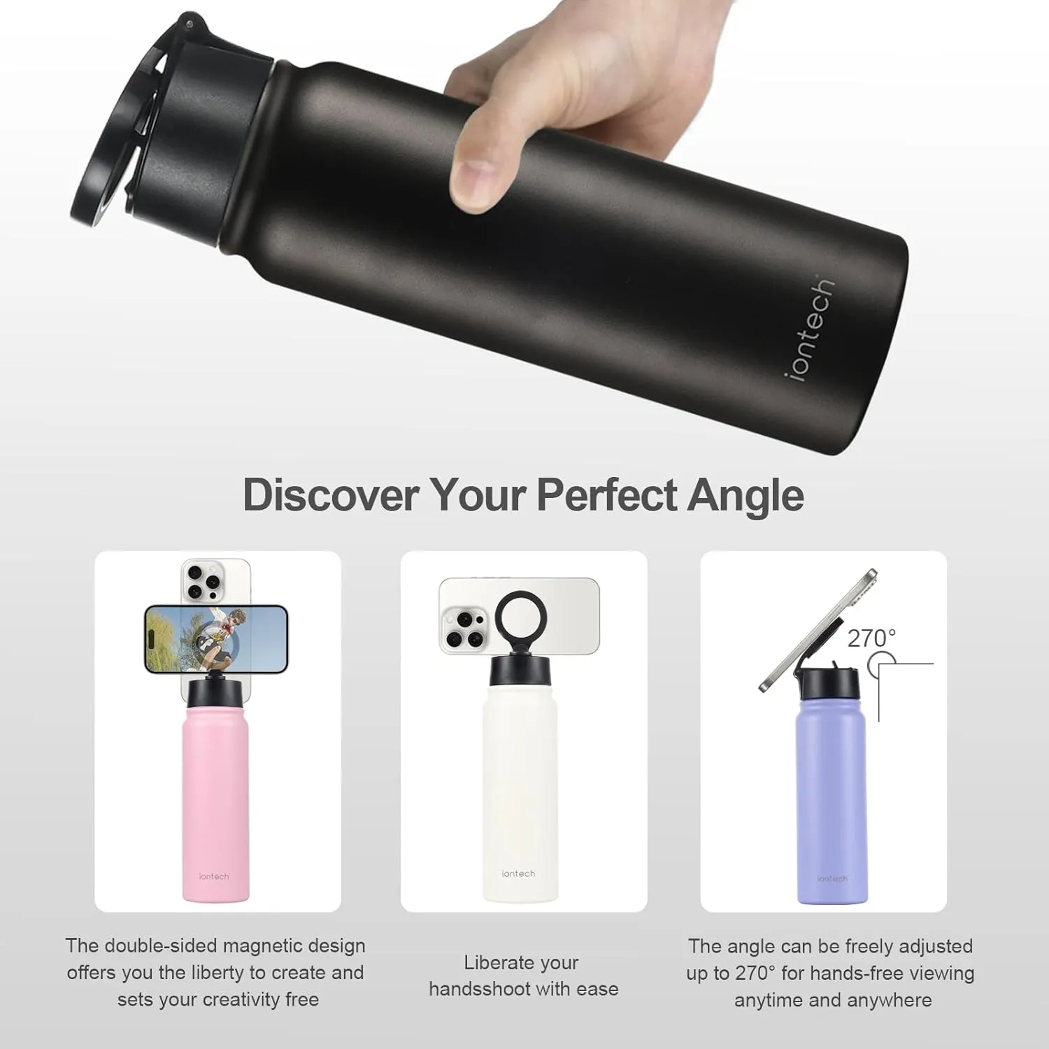 Insulated Water Bottle with Magnetic Phone Holder Compatible with MagSafe and iPhone, Double-Sided Magnet, Stainless Steel Water Bottle Phone Mount for Sports Travel, Hot 12H Cold 24H, 27oz (White)