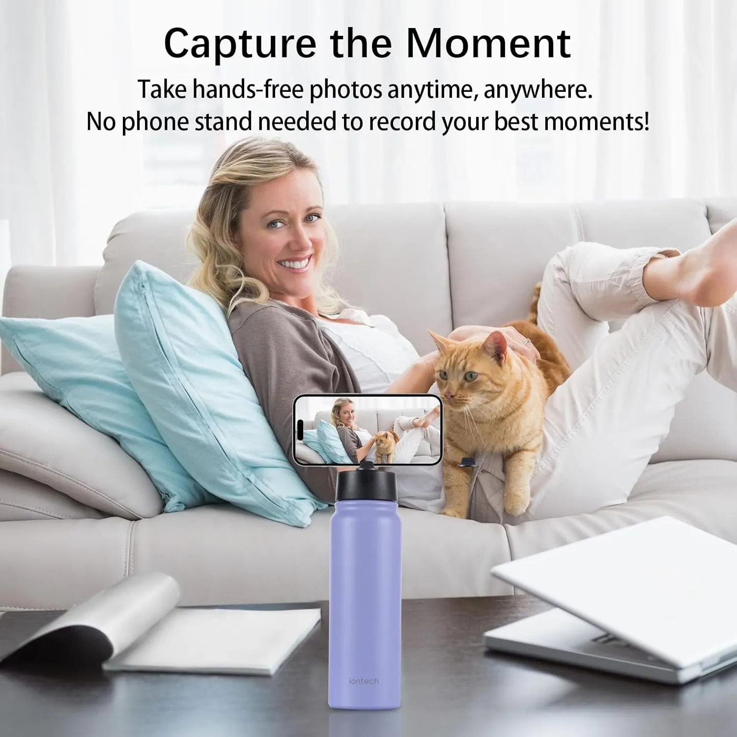 Insulated Water Bottle with Magnetic Phone Holder Compatible with MagSafe and iPhone, Double-Sided Magnet, Stainless Steel Water Bottle Phone Mount for Sports Travel, Hot 12H Cold 24H, 27oz (White)