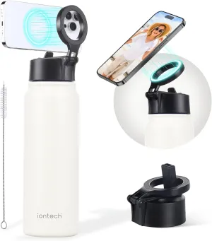 Insulated Water Bottle with Magnetic Phone Holder Compatible with MagSafe and iPhone, Double-Sided Magnet, Stainless Steel Water Bottle Phone Mount for Sports Travel, Hot 12H Cold 24H, 27oz (White)