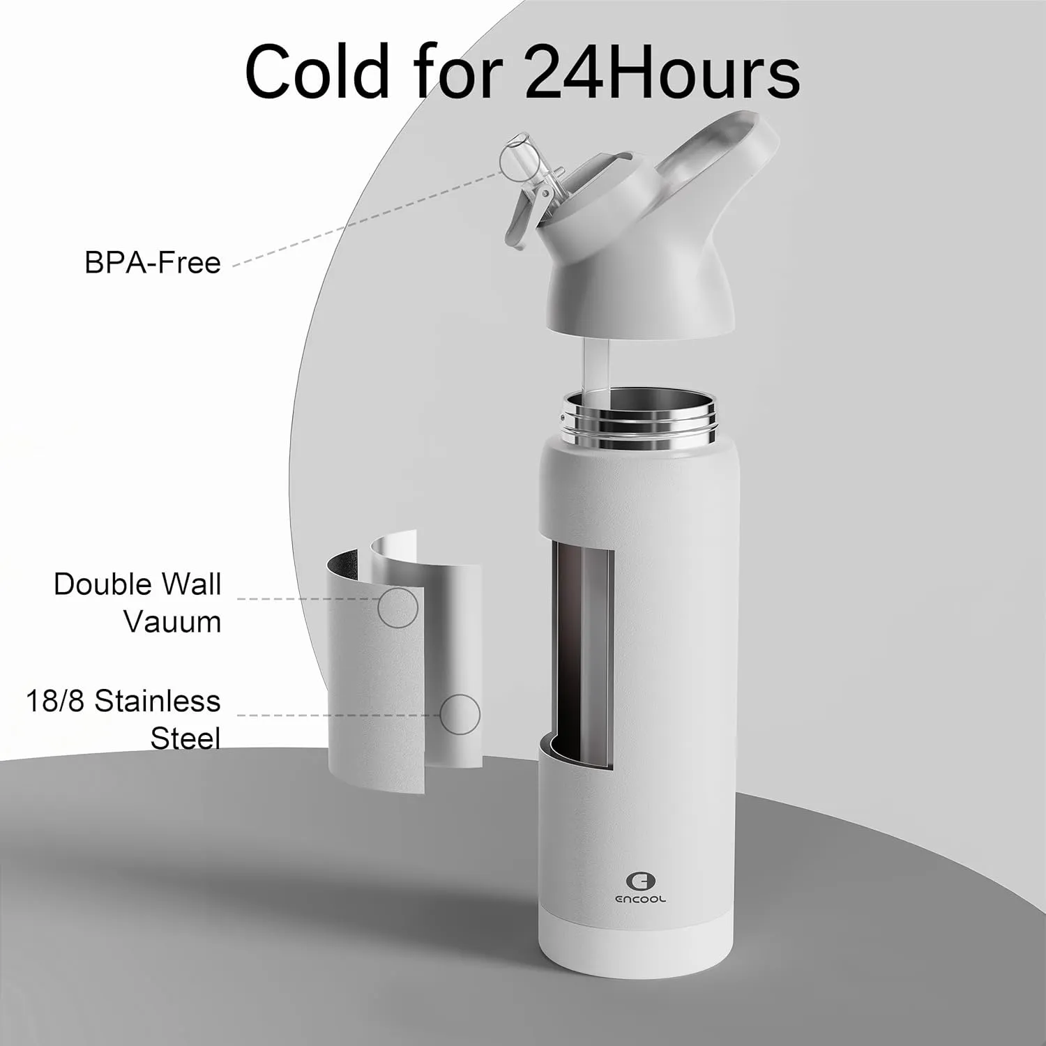 Insulated Water Bottle with Straw - Encool Stainless Steel Water Bottle, Reusable Leakproof and BPA-Free for Sports, Travel, Cold for 24 Hours, 24 oz, Snowflake