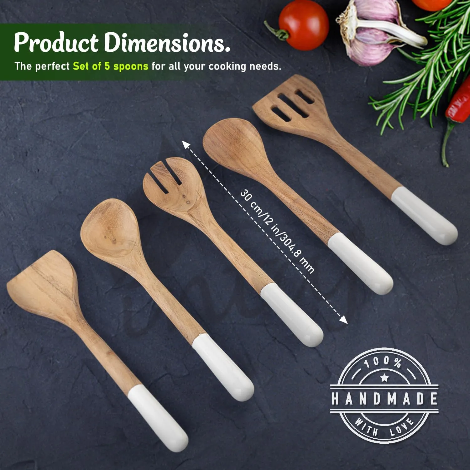 INTAJ Premium Teak Wooden Spoons for Cooking – 5-Piece Kitchen Utensils Set, Durable & Nonstick Safe, Eco-Friendly,Ergonomic Stir, Mix, Scrape & Serve – Ideal for Nonstick,Cast Iron & Ceramic Cookware