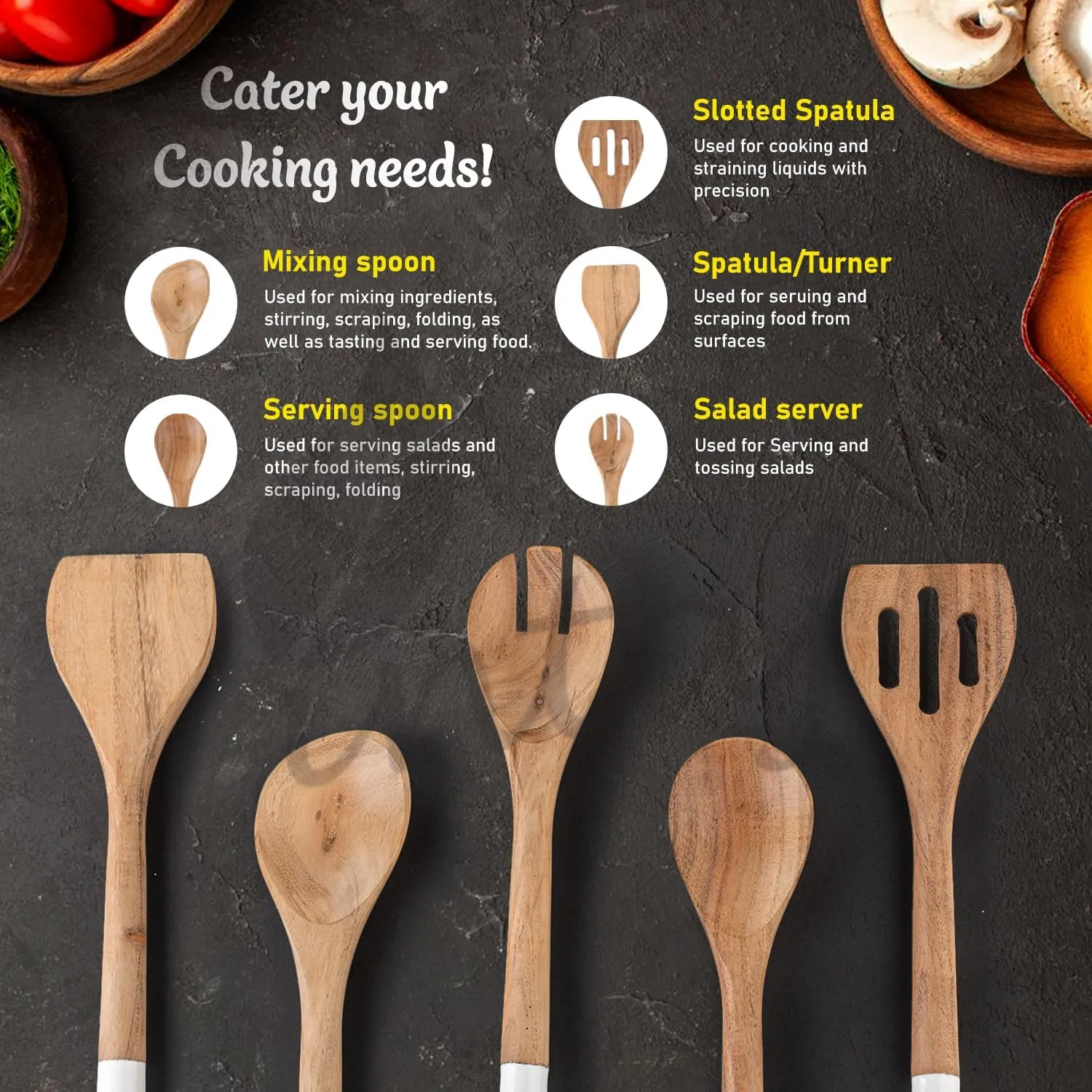 INTAJ Premium Teak Wooden Spoons for Cooking – 5-Piece Kitchen Utensils Set, Durable & Nonstick Safe, Eco-Friendly,Ergonomic Stir, Mix, Scrape & Serve – Ideal for Nonstick,Cast Iron & Ceramic Cookware
