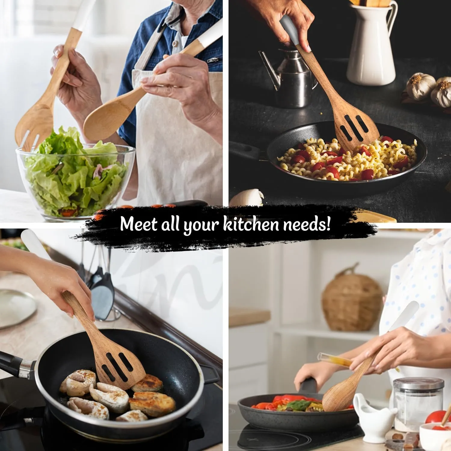 INTAJ Premium Teak Wooden Spoons for Cooking – 5-Piece Kitchen Utensils Set, Durable & Nonstick Safe, Eco-Friendly,Ergonomic Stir, Mix, Scrape & Serve – Ideal for Nonstick,Cast Iron & Ceramic Cookware