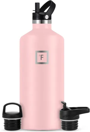 IRON °FLASK Camping & Hiking Hydration Canteens - 3 Lids (Narrow Straw Lid) Leak Proof Vacuum Insulated Stainless Steel - Hot & Cold Double Walled Sports Water Bottle - Rose, 64 Oz