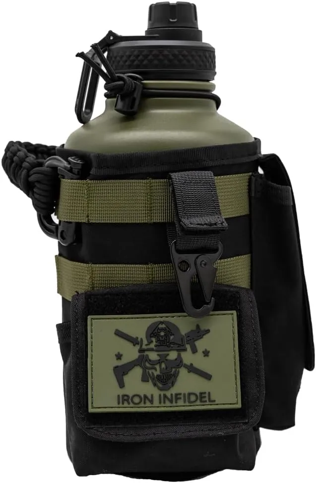 Iron Infidel Battle Bottle - Half Gallon Insulated Water Bottle with Paracord Handle, Large 64 oz Stainless Steel Water Jug with Rugged, Removable Sleeve for Keys, Wallet & Phone (Widowmaker 2L)