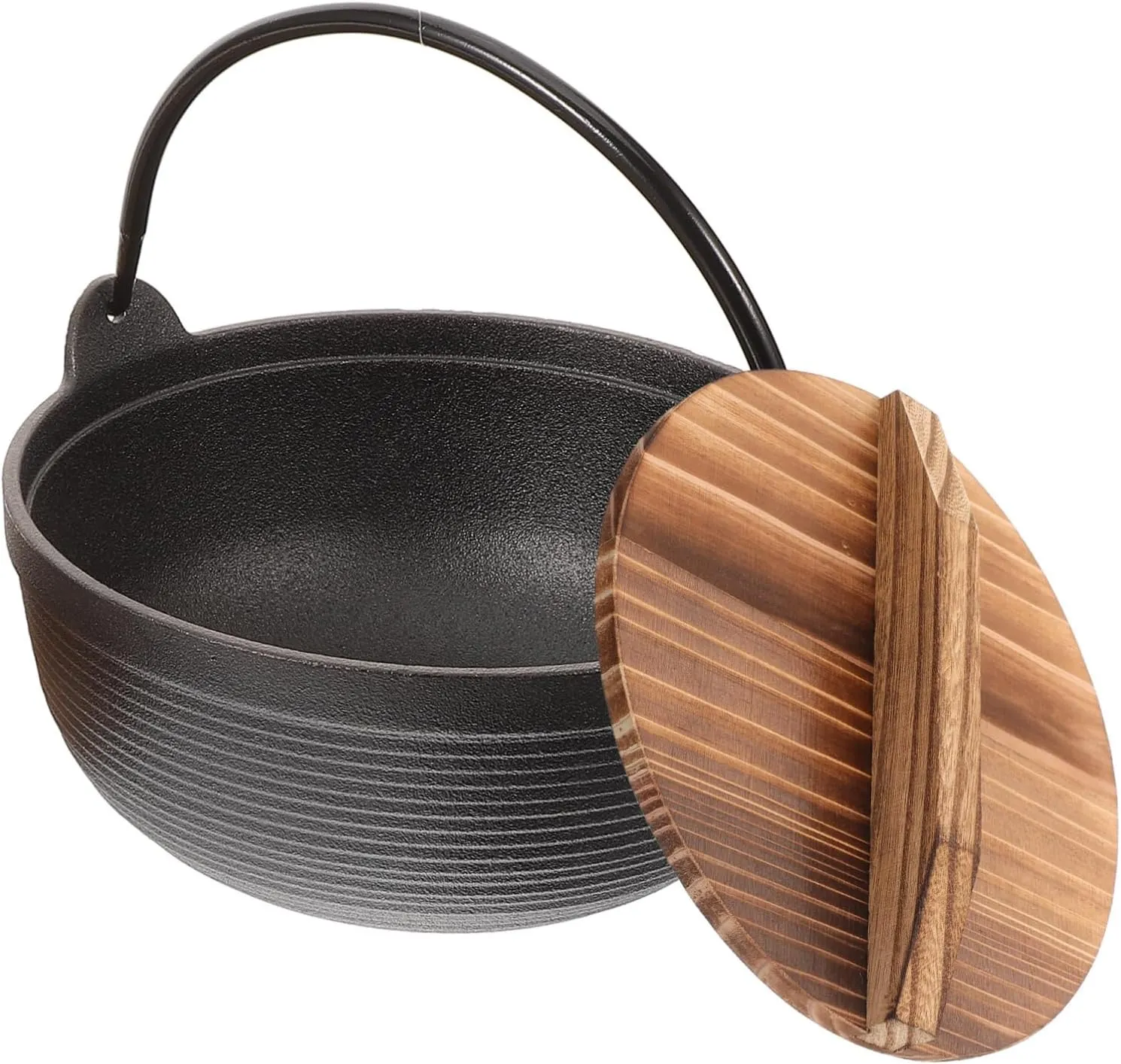 Japanese Style Iron Soup Pot with Wooden Lid Nonstick Camping Cooking Pot for Outdoor Use Cast Iron Design for Stewing and Serving for Noodles and More