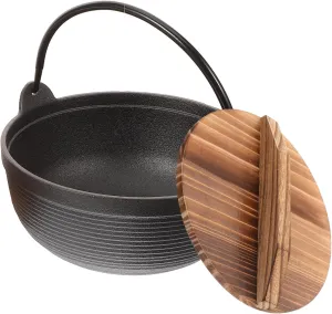 Japanese Style Iron Soup Pot with Wooden Lid Nonstick Camping Cooking Pot for Outdoor Use Cast Iron Design for Stewing and Serving for Noodles and More