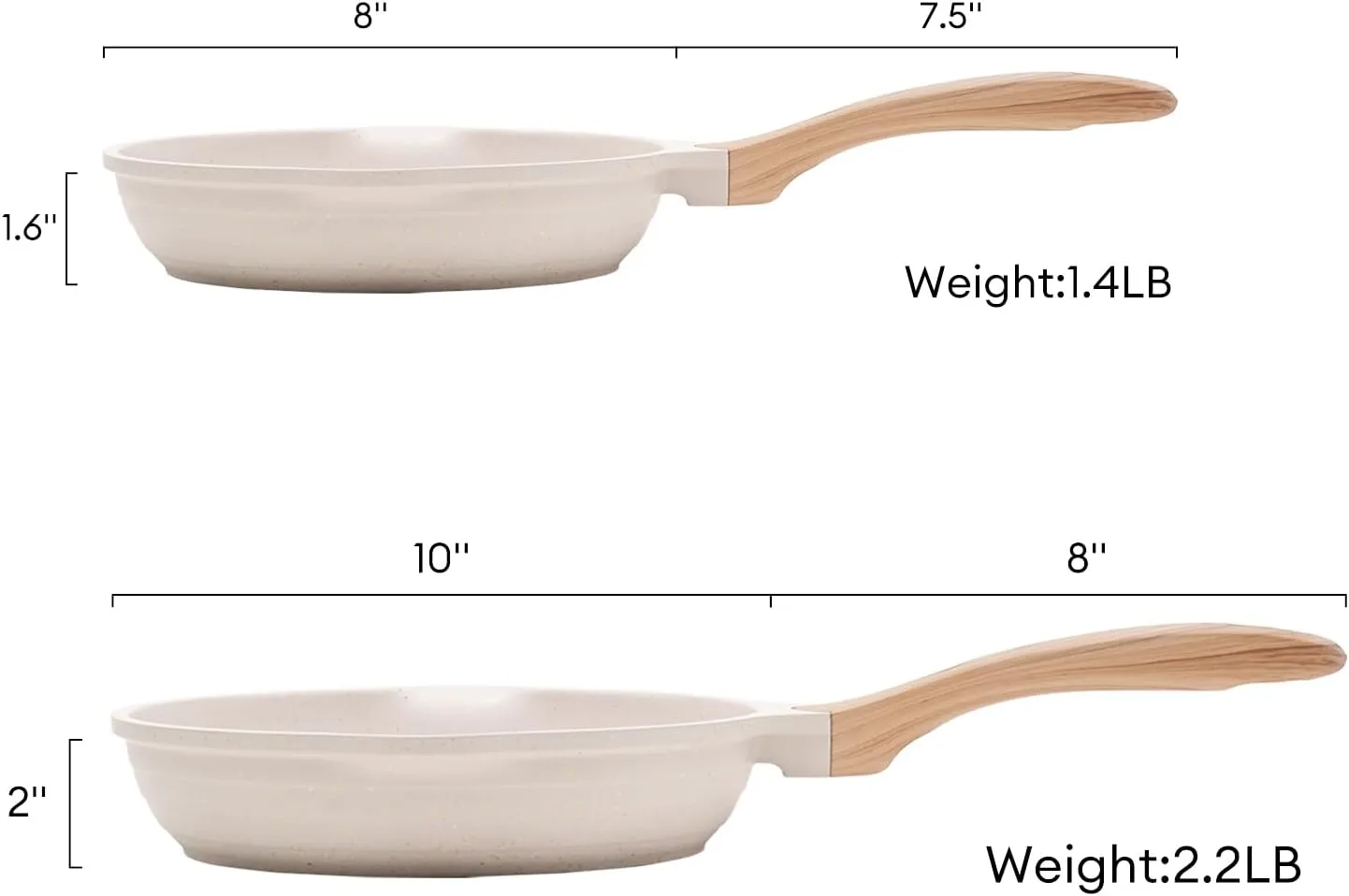 JEETEE Nonstick Frying Pans Set, Skillets Set 2 Pcs, 8" 10" Granite Non-Stick Frying pan, Nonstick Omelette Skillet with Soft Touch Handle, Beige