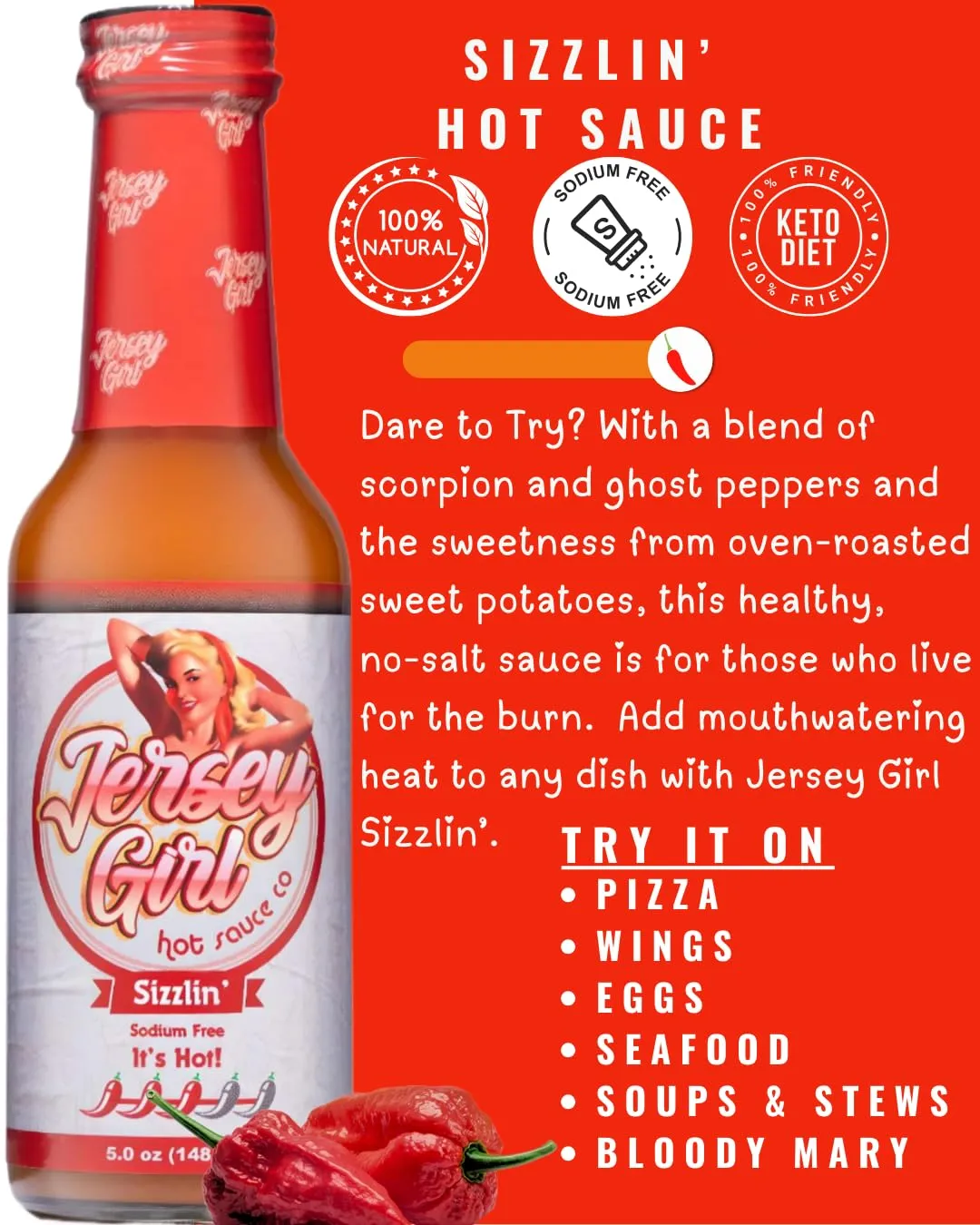 Jersey Girl Hot Sauce 5oz (Variety Pack 3, Classic Habanero, Sizzlin Ghost Pepper & Scorchin' Carolina Reaper) Sodium Free Hot Sauce Set