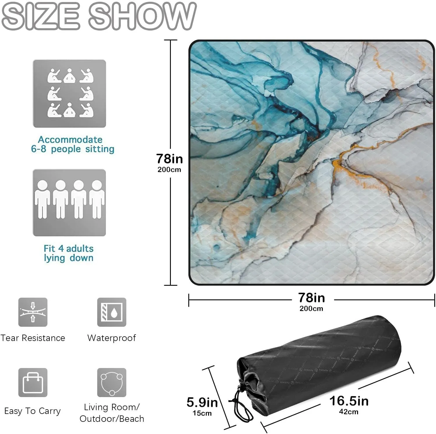 JIPONI Picnic Blankets 78"x78" Extra Large Waterproof Outdoor Blanket Colorful Marble Foldable Portable Picnic Mat for Beach Camping
