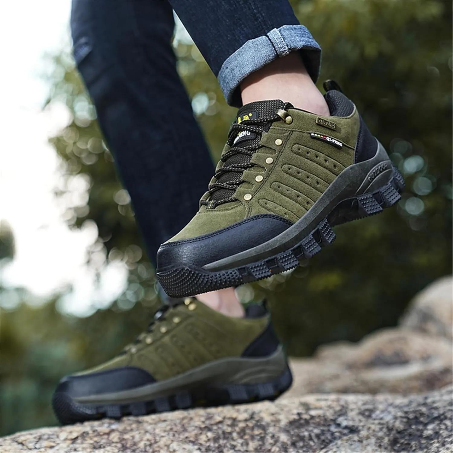 JiuQing Men's Walking Shoes Waterproof Hiking Boots Non-Slip Low Rise Trekking Outdoor Sports Shoes