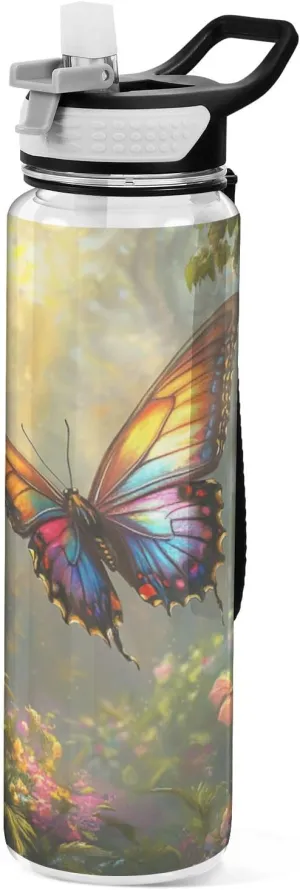 Joisal Colorful Butterfly Flowers 32oz Water Bottles with Straw BPA-Free Wide Mouth Water Bottles for Outdoor Sports