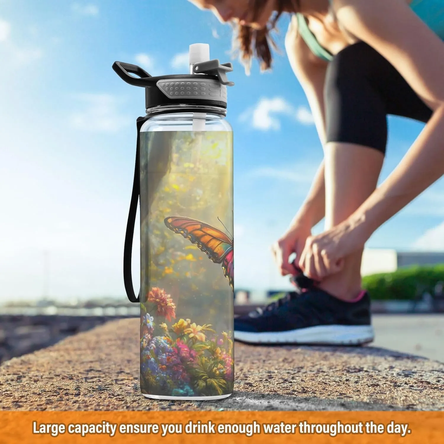 Joisal Colorful Butterfly Flowers 32oz Water Bottles with Straw BPA-Free Wide Mouth Water Bottles for Outdoor Sports
