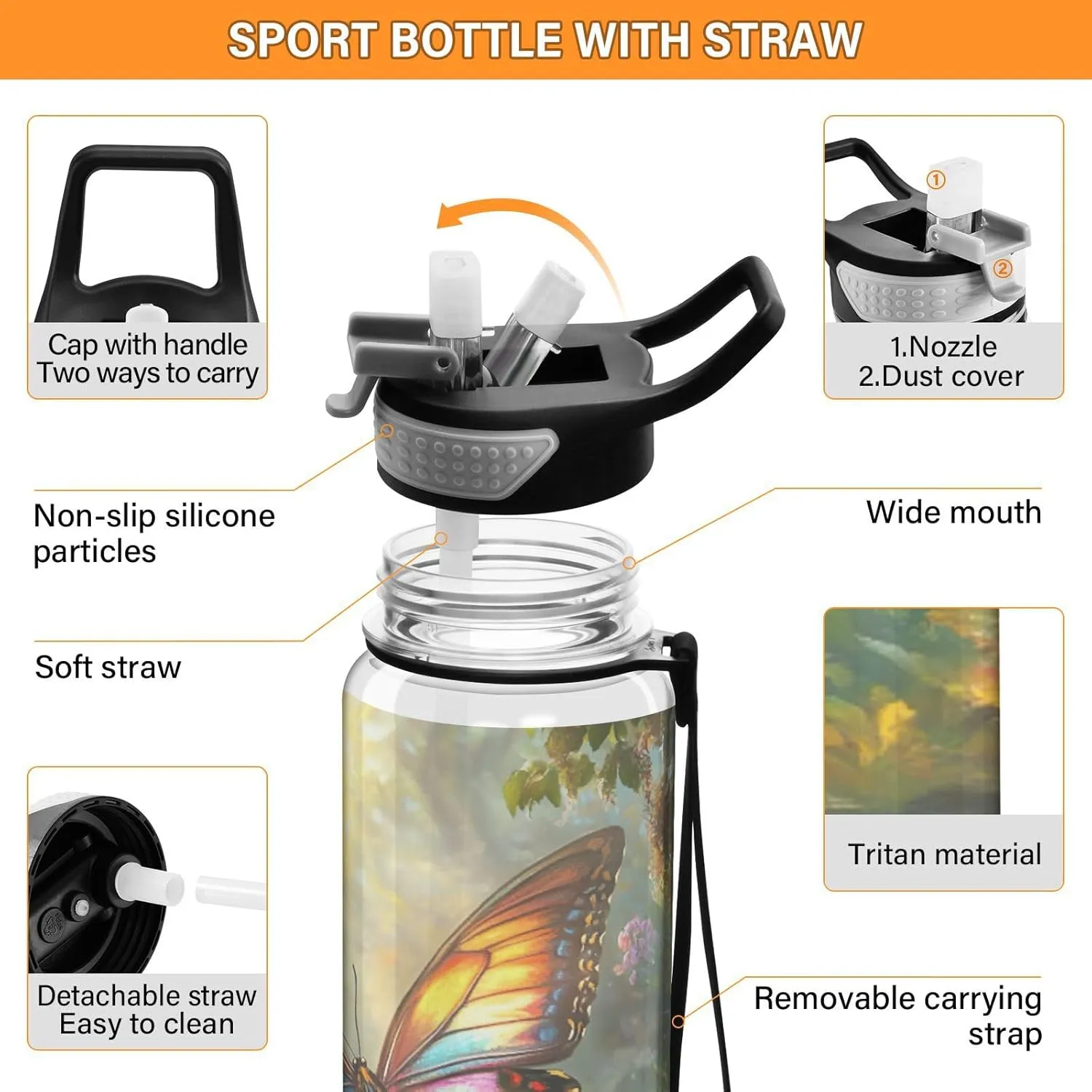 Joisal Colorful Butterfly Flowers 32oz Water Bottles with Straw BPA-Free Wide Mouth Water Bottles for Outdoor Sports