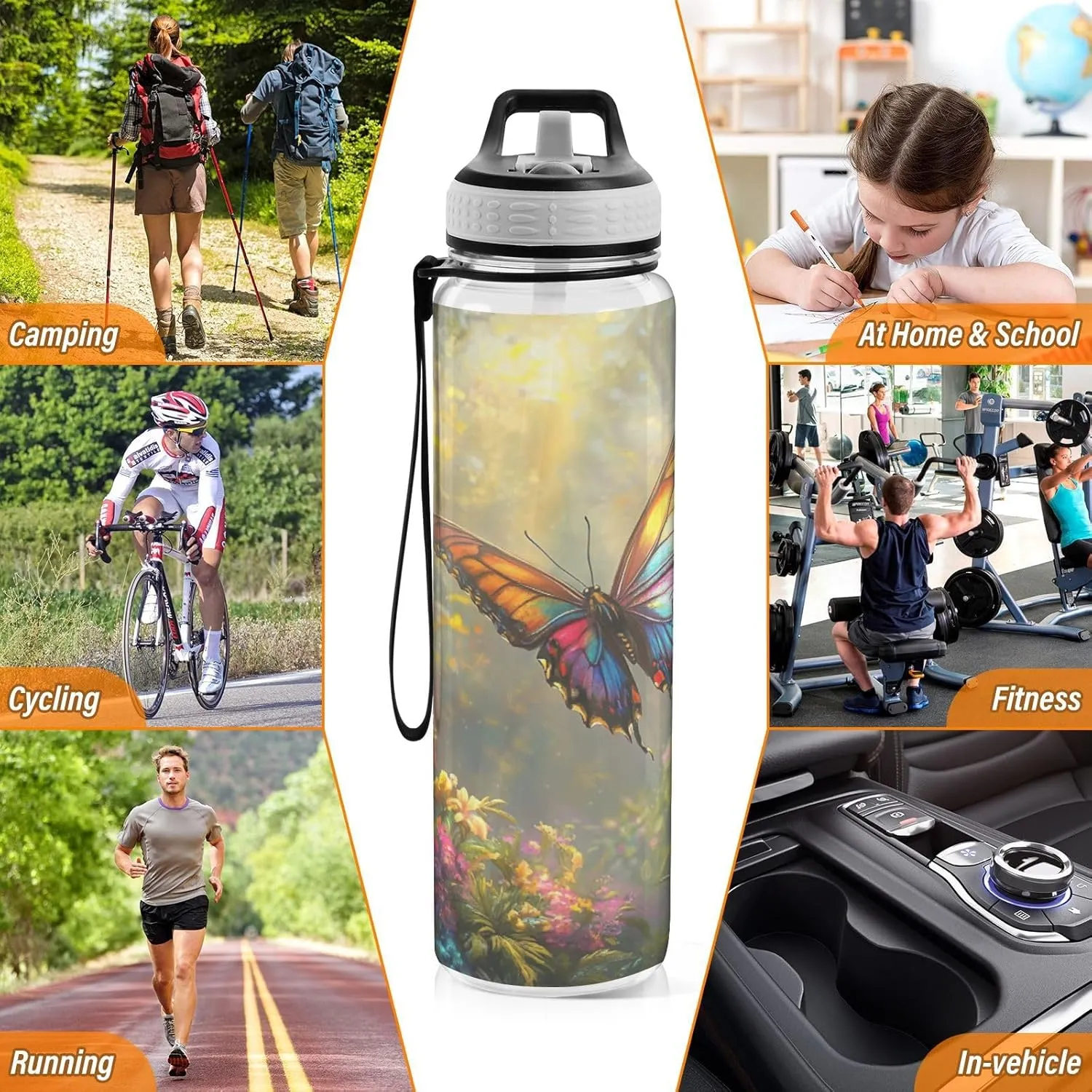 Joisal Colorful Butterfly Flowers 32oz Water Bottles with Straw BPA-Free Wide Mouth Water Bottles for Outdoor Sports