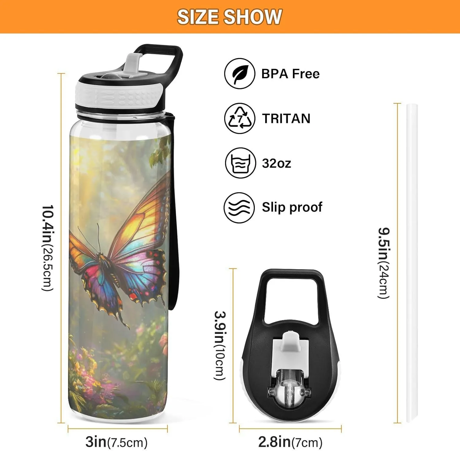 Joisal Colorful Butterfly Flowers 32oz Water Bottles with Straw BPA-Free Wide Mouth Water Bottles for Outdoor Sports