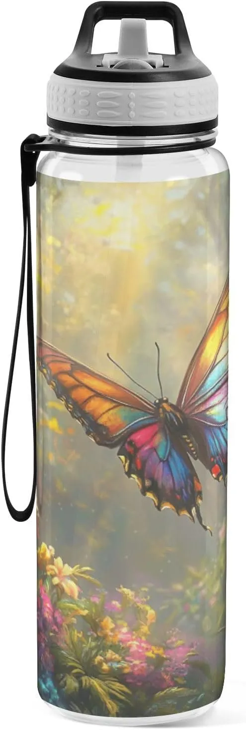Joisal Colorful Butterfly Flowers 32oz Water Bottles with Straw BPA-Free Wide Mouth Water Bottles for Outdoor Sports