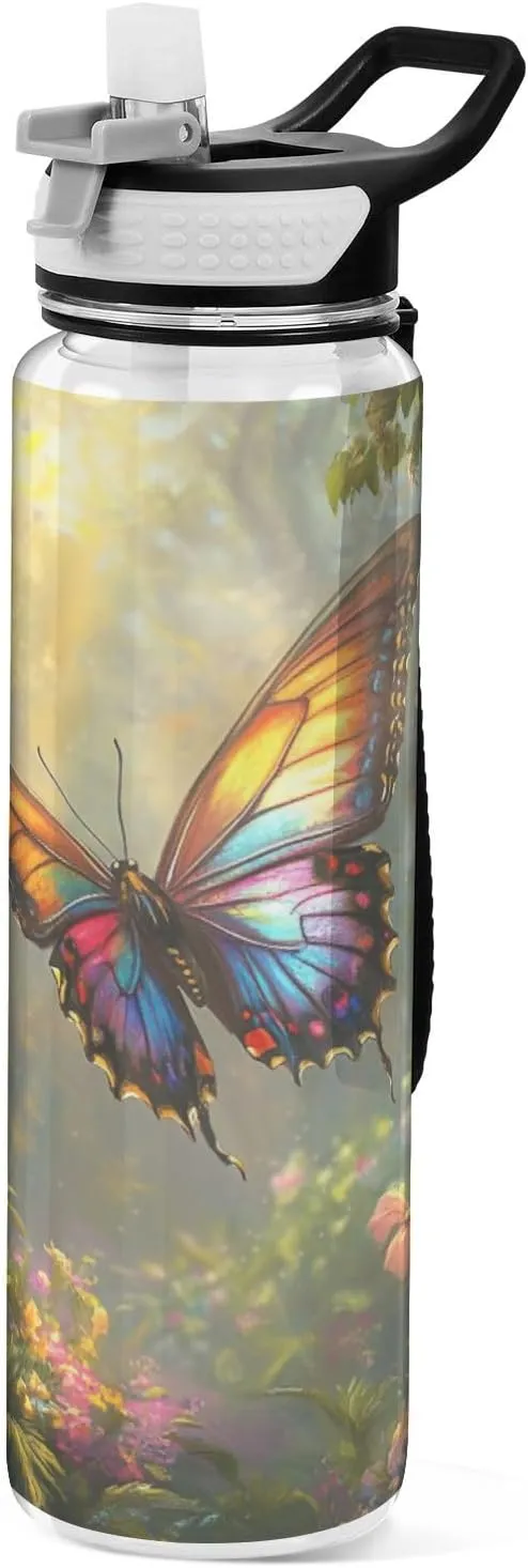 Joisal Colorful Butterfly Flowers 32oz Water Bottles with Straw BPA-Free Wide Mouth Water Bottles for Outdoor Sports