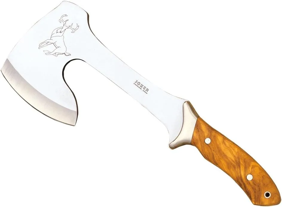 Joker Hunting Axe Cazador HO00, Olive Wood Handle, 8.27 inches Long Blade, with Leather Sheath, Stainless Steel Ferrule, Tool for Fishing, Hunting, Camping and Hiking