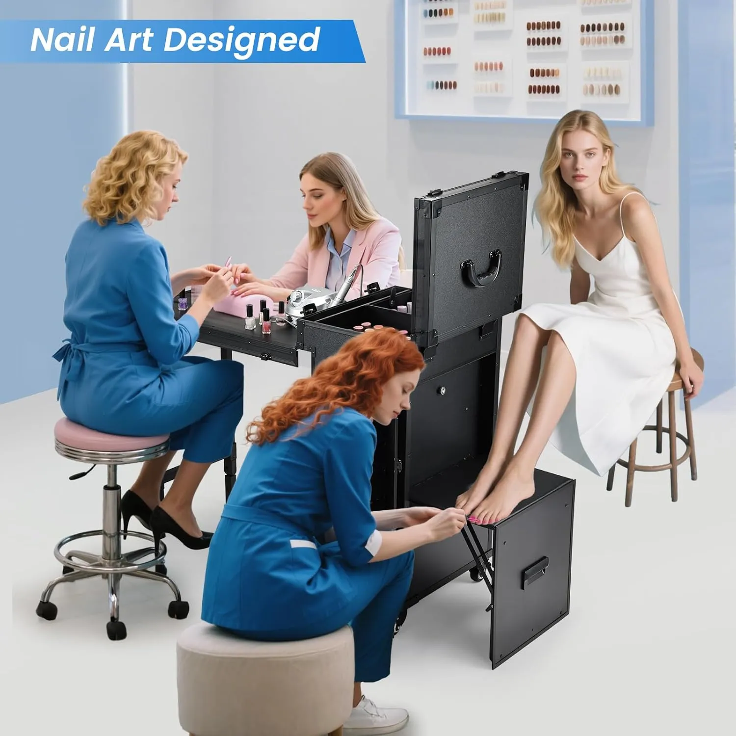 Joligrace Rolling Manicure Table with Pedicure Chair 4 Drawers Rolling Makeup Case Foldable Nail Desk Cosmetology Case on Wheels Brush Pouch Mirror Nail Kits Technician Workstation Artist Trolley