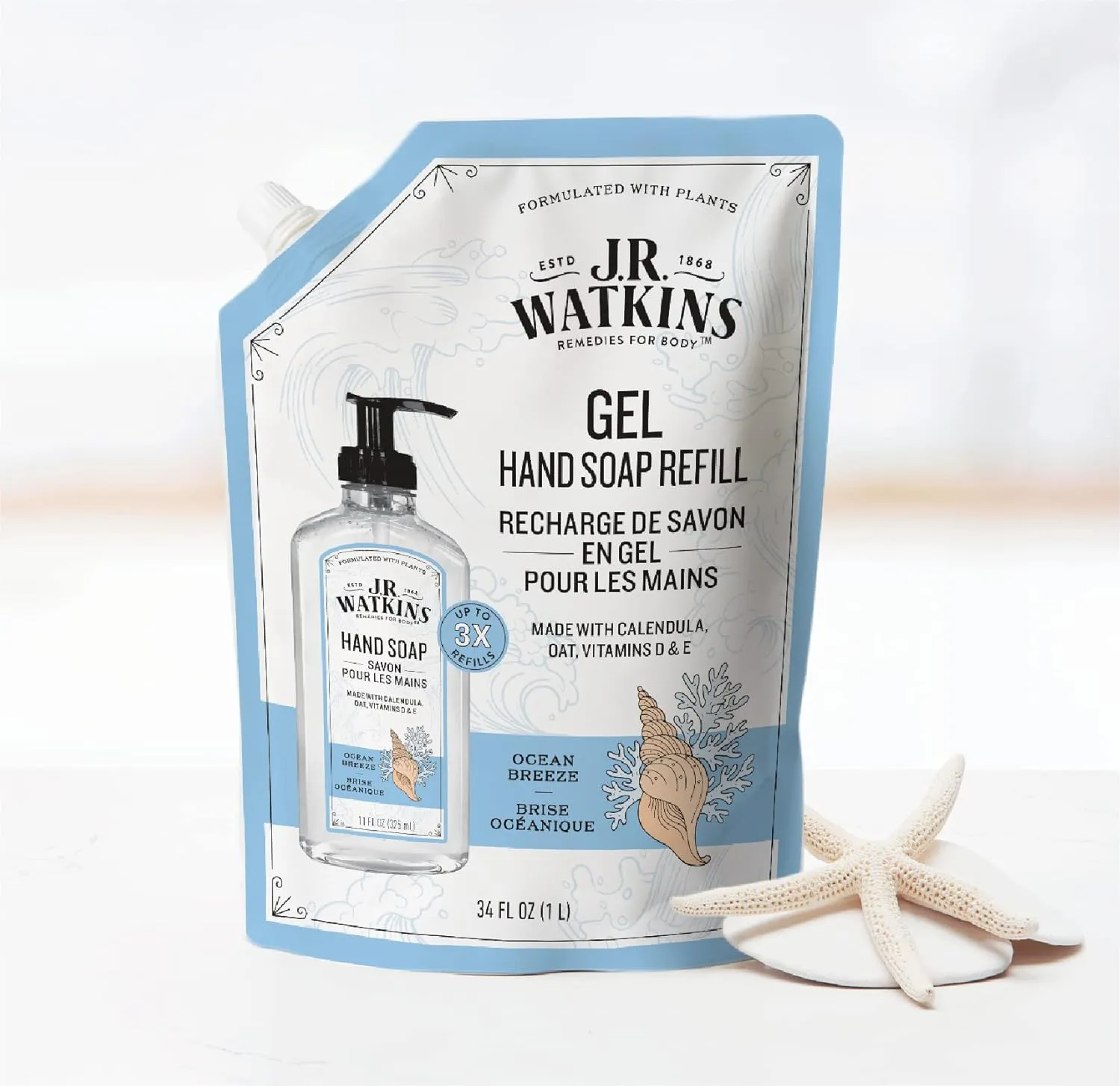 J.R. Watkins Gel Hand Soap Refill Pouch, Scented Liquid Hand Wash for Bathroom or Kitchen, USA Made and Cruelty Free, 34 fl oz, Ocean Breeze, 2 Pack