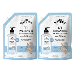 J.R. Watkins Gel Hand Soap Refill Pouch, Scented Liquid Hand Wash for Bathroom or Kitchen, USA Made and Cruelty Free, 34 fl oz, Ocean Breeze, 2 Pack
