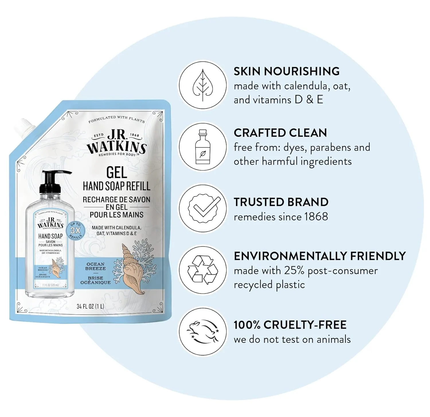 J.R. Watkins Gel Hand Soap Refill Pouch, Scented Liquid Hand Wash for Bathroom or Kitchen, USA Made and Cruelty Free, 34 fl oz, Ocean Breeze, 2 Pack