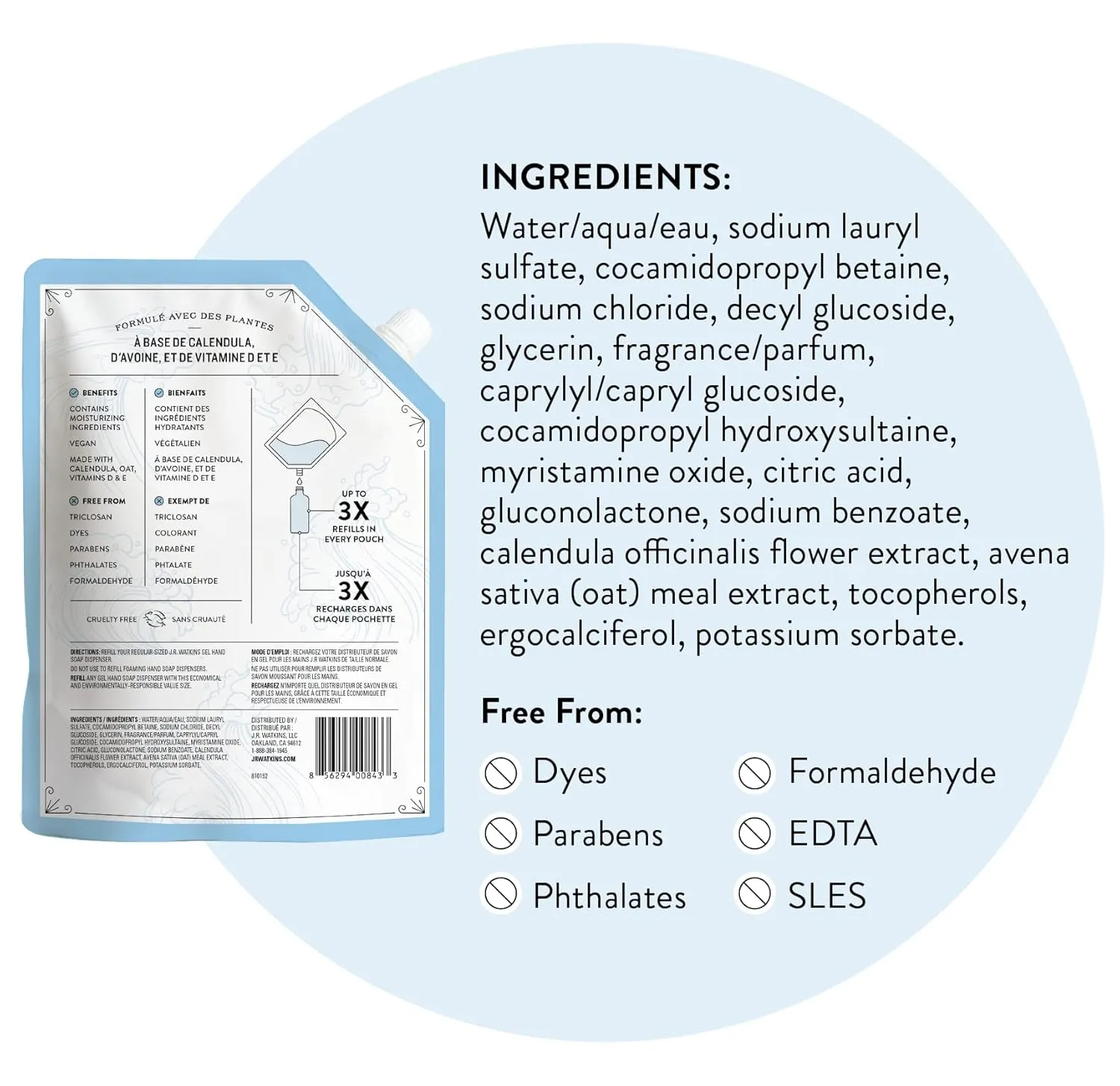J.R. Watkins Gel Hand Soap Refill Pouch, Scented Liquid Hand Wash for Bathroom or Kitchen, USA Made and Cruelty Free, 34 fl oz, Ocean Breeze, 2 Pack