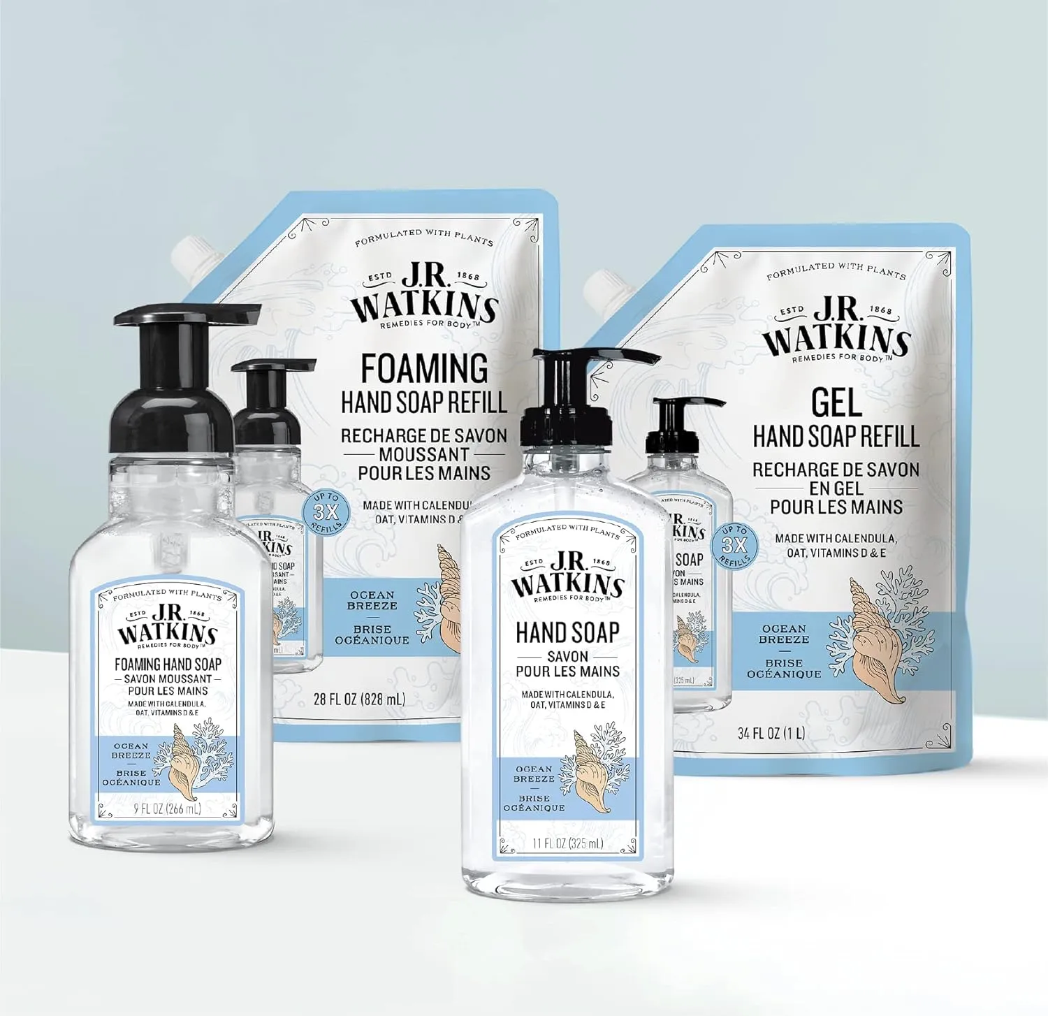 J.R. Watkins Gel Hand Soap Refill Pouch, Scented Liquid Hand Wash for Bathroom or Kitchen, USA Made and Cruelty Free, 34 fl oz, Ocean Breeze, 2 Pack