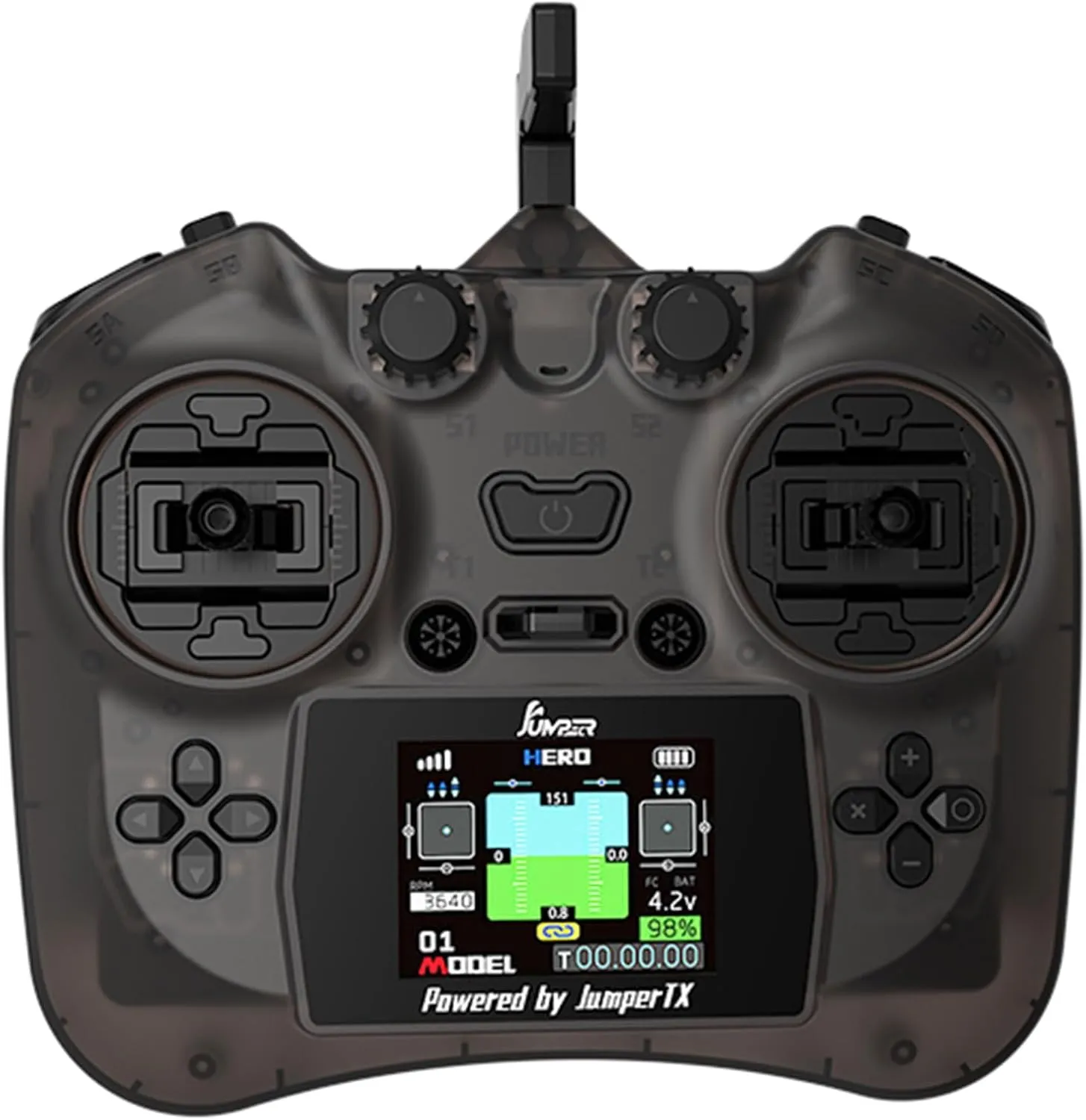 Jumper Smart ELRS 2.4G RC Transmitter with 2-Inch HD Color IPS Screen, Hall Sensor Gimbals, 8km Control Range, USB-C Fast Charging & Simulator for RC FPV Drones, Cars, and Airplanes