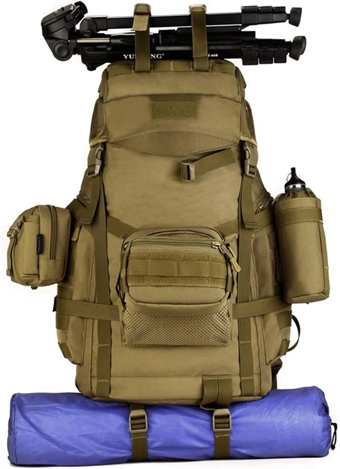 Jungle Leopard 60L Tactical Backpack Man with Tripod Holer Army Rucksack Sports Bag for Hiking Camping Hunting Trekking(S419-60-T)