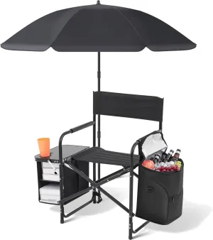 Karenhi Folding Camping Chair with Side Table, Cooler Pouch and Detachable Parasol Umbrella Portable Foldable Directors Chair for Adults Outdoor Camp Lawn Picnic Fishing Beach BBQ Travel