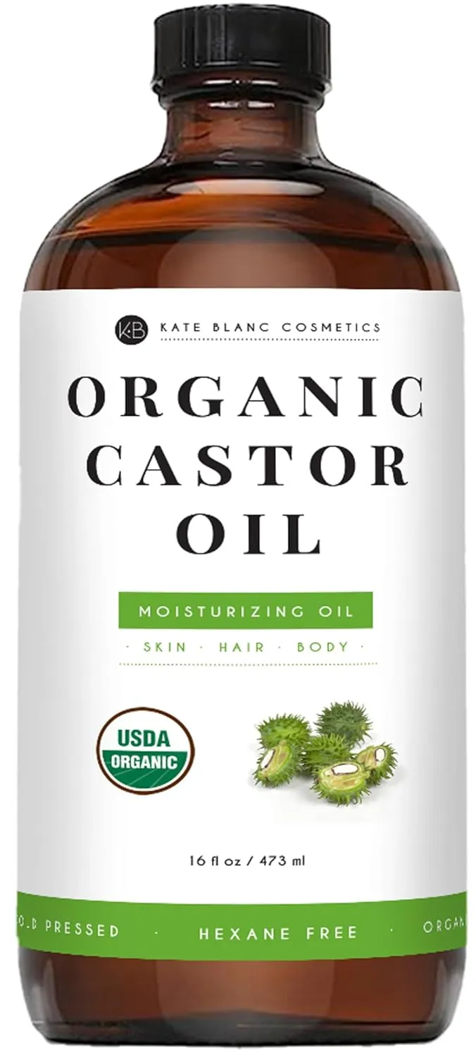 Kate Blanc Cosmetics Castor Oil for Face, Hair & Skin (16oz, Organic, Cold Pressed, Hexane-Free) Moisturizer for Eyelashes, Eyebrows, and Scalp