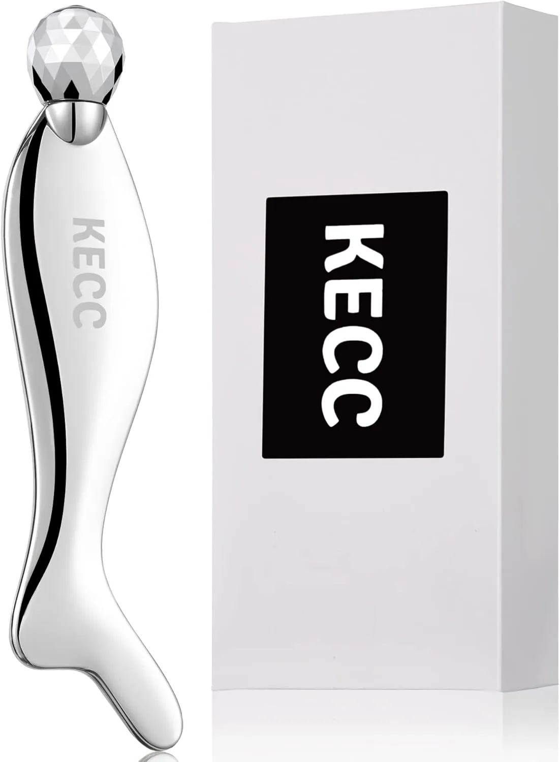 KECC Gua Sha Facial Massager (Fishtail),Stainless Steel Cold Roller Sticks for Face Eyes,Crescent Line Chin Lift Tightening Skin Tool, 4 Edges Drainage Sculpting Beauty Tool
