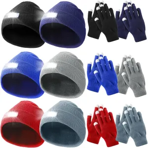 Kenning 6 Sets 5 LED Light Unisex Hat and Winter Gloves Battery Powered Headlamp Caps Beanie Touch Screen Knit Gloves Night Warm Winter Knitted Lighted Hat Flashlight for Men Women Gifts