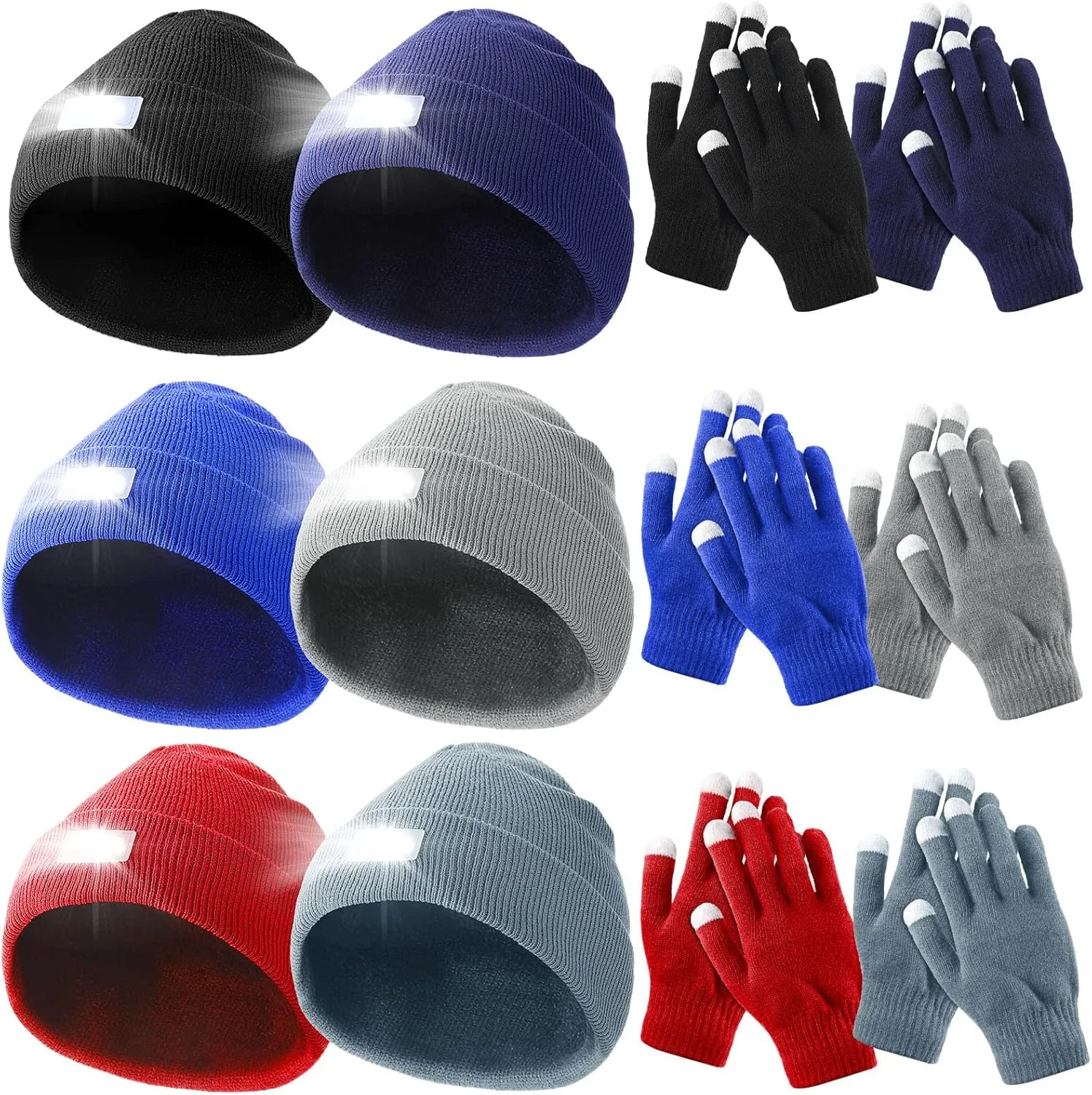 Kenning 6 Sets 5 LED Light Unisex Hat and Winter Gloves Battery Powered Headlamp Caps Beanie Touch Screen Knit Gloves Night Warm Winter Knitted Lighted Hat Flashlight for Men Women Gifts