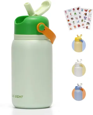 Kids Insulated Water Bottle, 15 oz Kids Water Bottle with Stickers, 18/8 Stainless Steel Leak Proof with Straw for School Travel Boys Girls (Green)