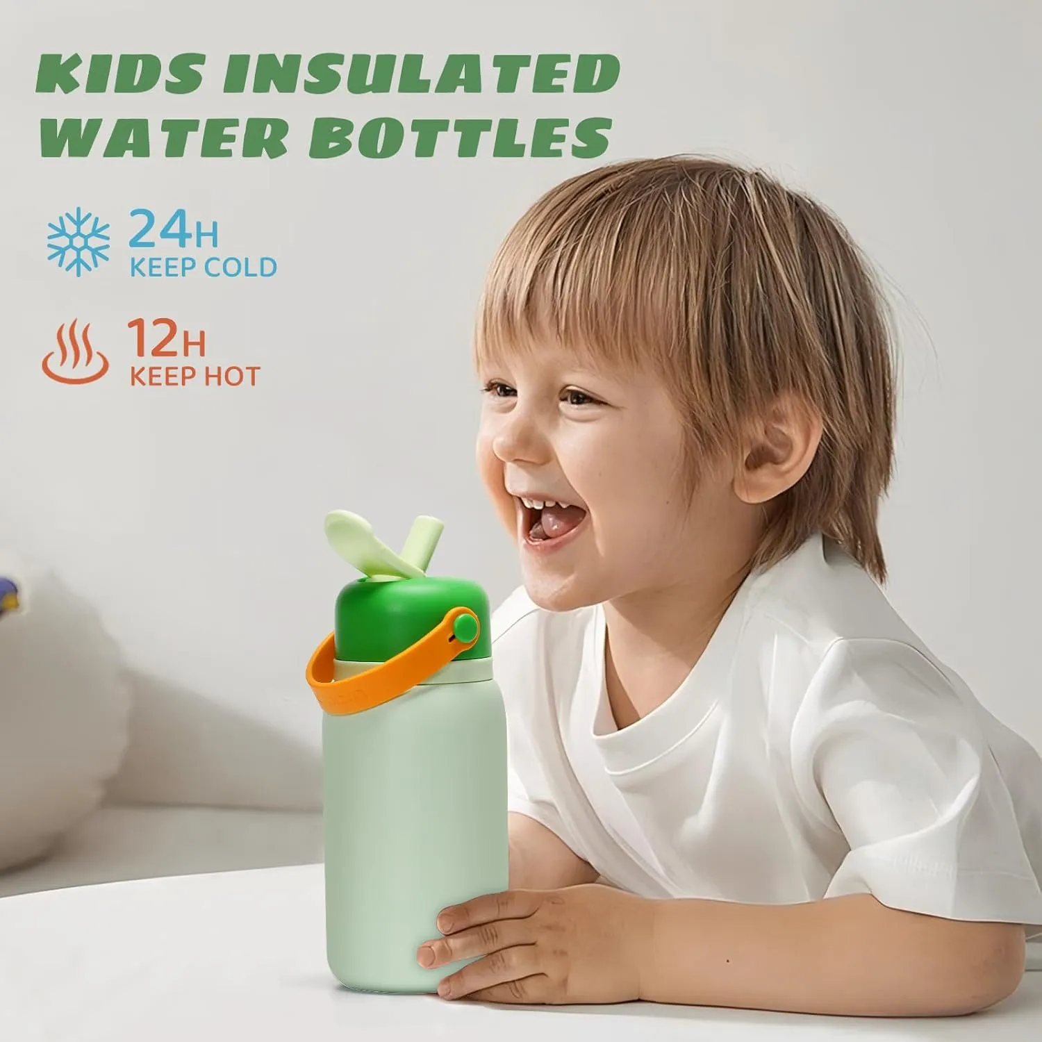 Kids Insulated Water Bottle, 15 oz Kids Water Bottle with Stickers, 18/8 Stainless Steel Leak Proof with Straw for School Travel Boys Girls (Green)