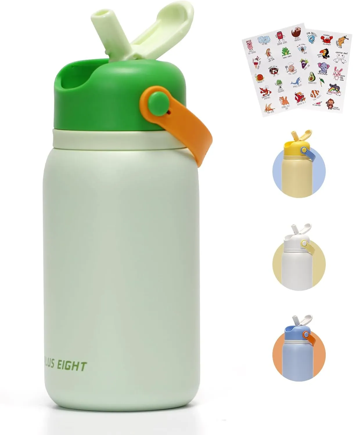 Kids Insulated Water Bottle, 15 oz Kids Water Bottle with Stickers, 18/8 Stainless Steel Leak Proof with Straw for School Travel Boys Girls (Green)