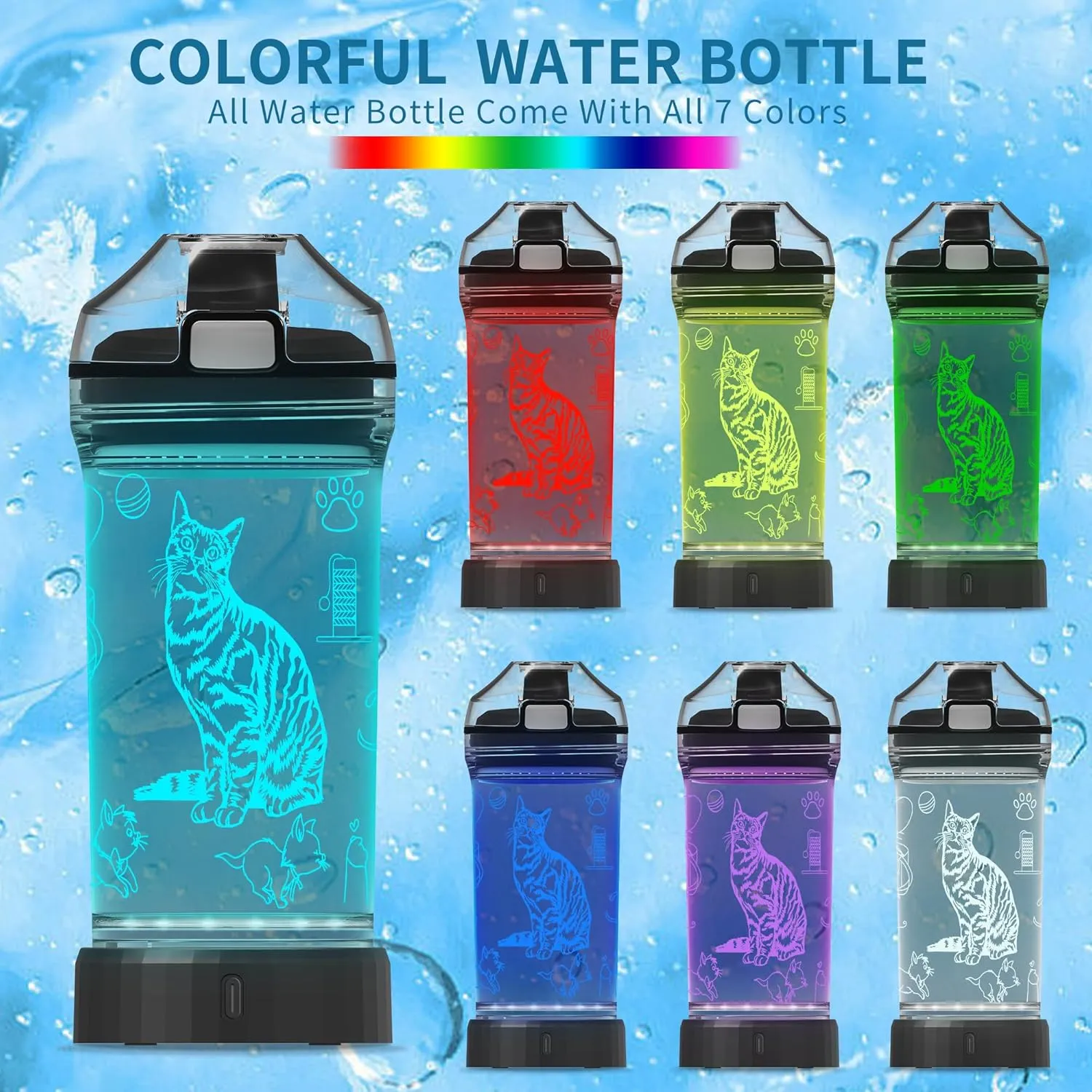 Kids Water Bottle, Cat-themed Light-Up Sport Cup with 3D Glowing LED Cat Light – 14 OZ Tritan BPA-Free - Kids Gift for School, Camping, and Holidays (Cat)
