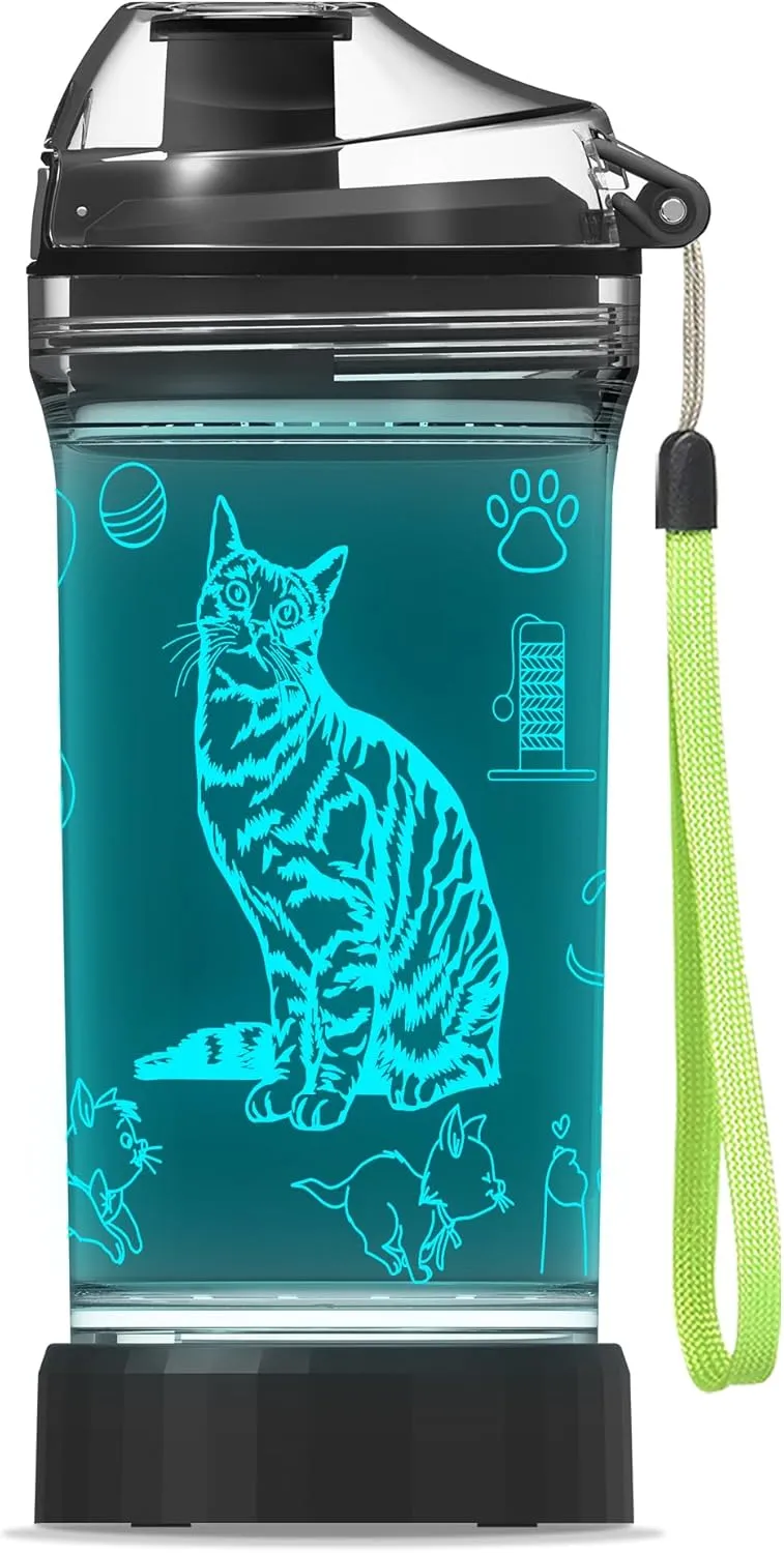 Kids Water Bottle, Cat-themed Light-Up Sport Cup with 3D Glowing LED Cat Light – 14 OZ Tritan BPA-Free - Kids Gift for School, Camping, and Holidays (Cat)
