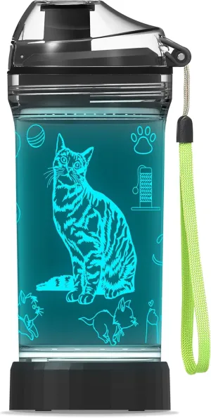 Kids Water Bottle, Cat-themed Light-Up Sport Cup with 3D Glowing LED Cat Light – 14 OZ Tritan BPA-Free - Kids Gift for School, Camping, and Holidays (Cat)