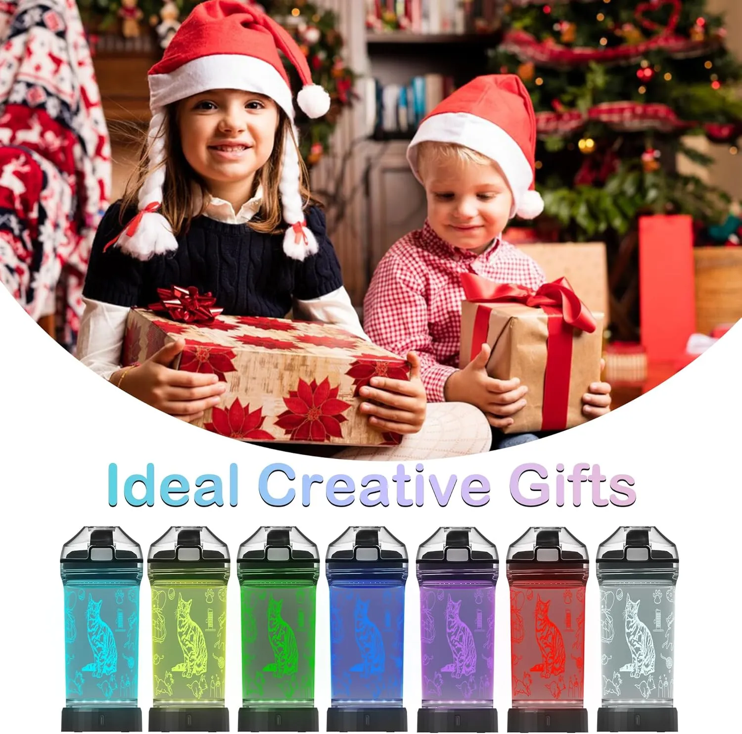 Kids Water Bottle, Cat-themed Light-Up Sport Cup with 3D Glowing LED Cat Light – 14 OZ Tritan BPA-Free - Kids Gift for School, Camping, and Holidays (Cat)