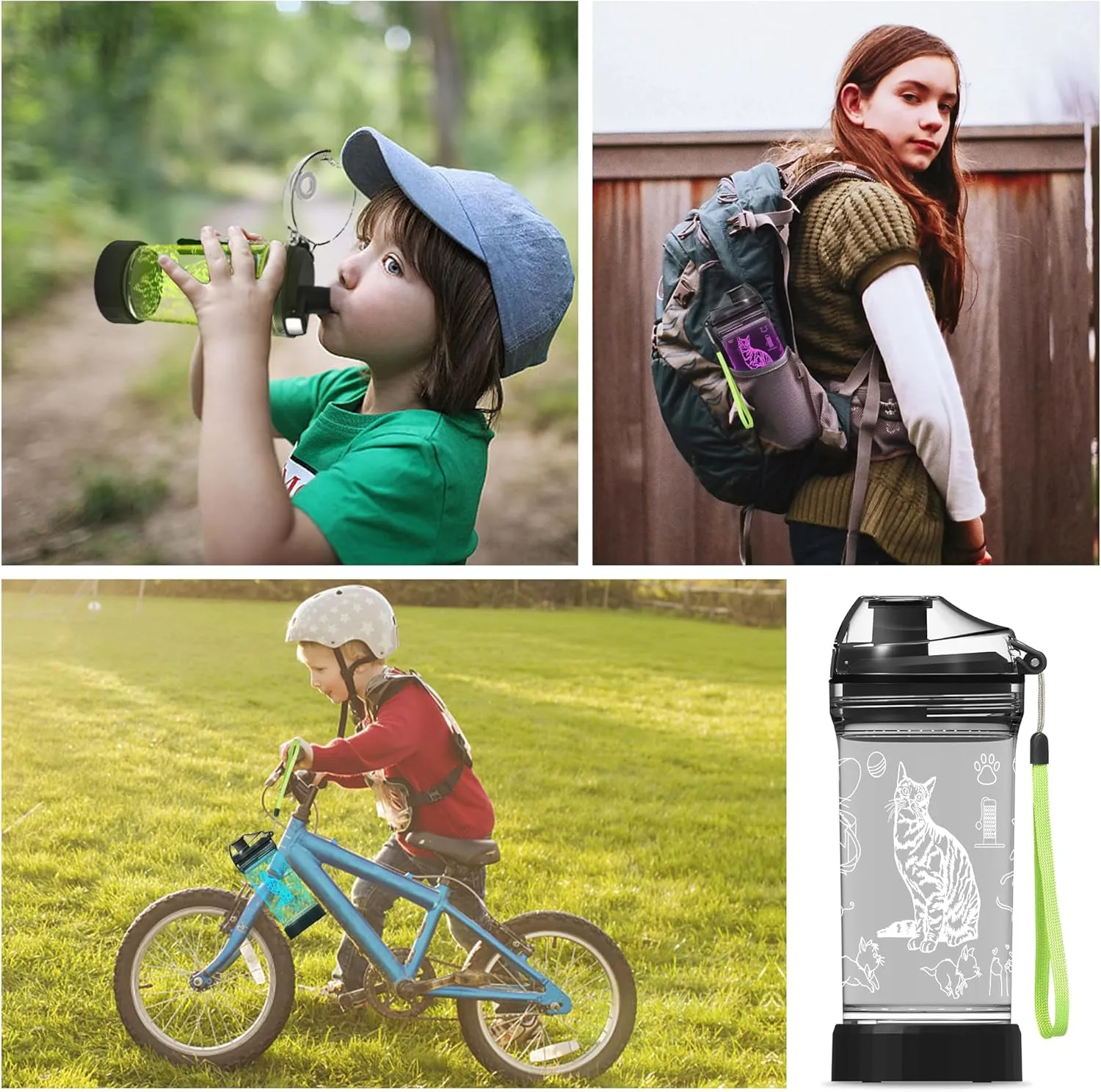 Kids Water Bottle, Cat-themed Light-Up Sport Cup with 3D Glowing LED Cat Light – 14 OZ Tritan BPA-Free - Kids Gift for School, Camping, and Holidays (Cat)