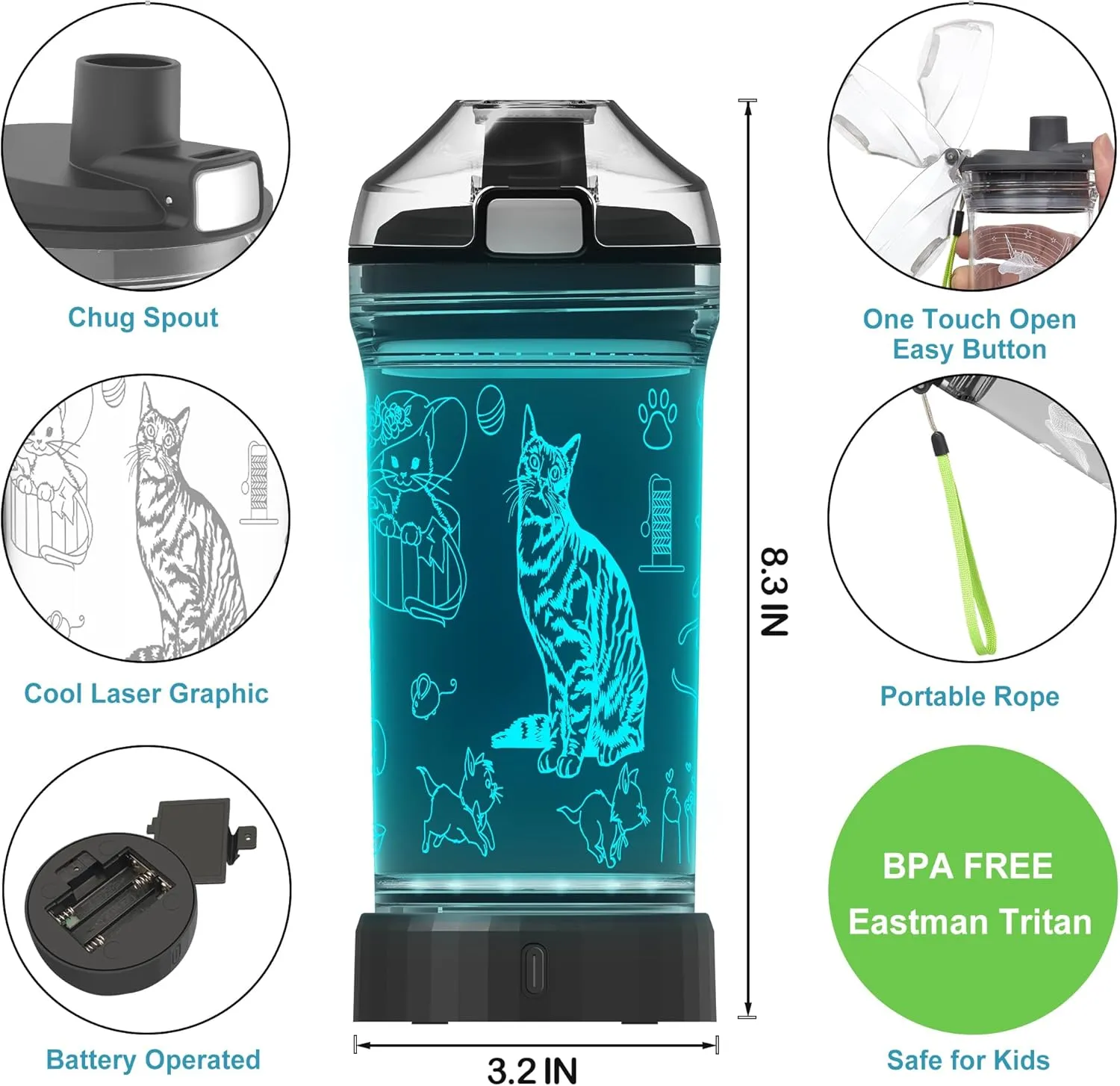 Kids Water Bottle, Cat-themed Light-Up Sport Cup with 3D Glowing LED Cat Light – 14 OZ Tritan BPA-Free - Kids Gift for School, Camping, and Holidays (Cat)