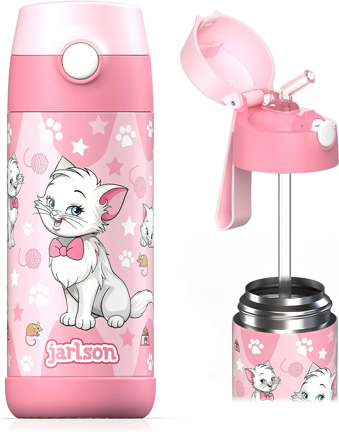 kids water bottle with straw - CHARLI - insulated stainless steel water bottle - thermos - girls/boys (Cat 'Star', 12 oz)