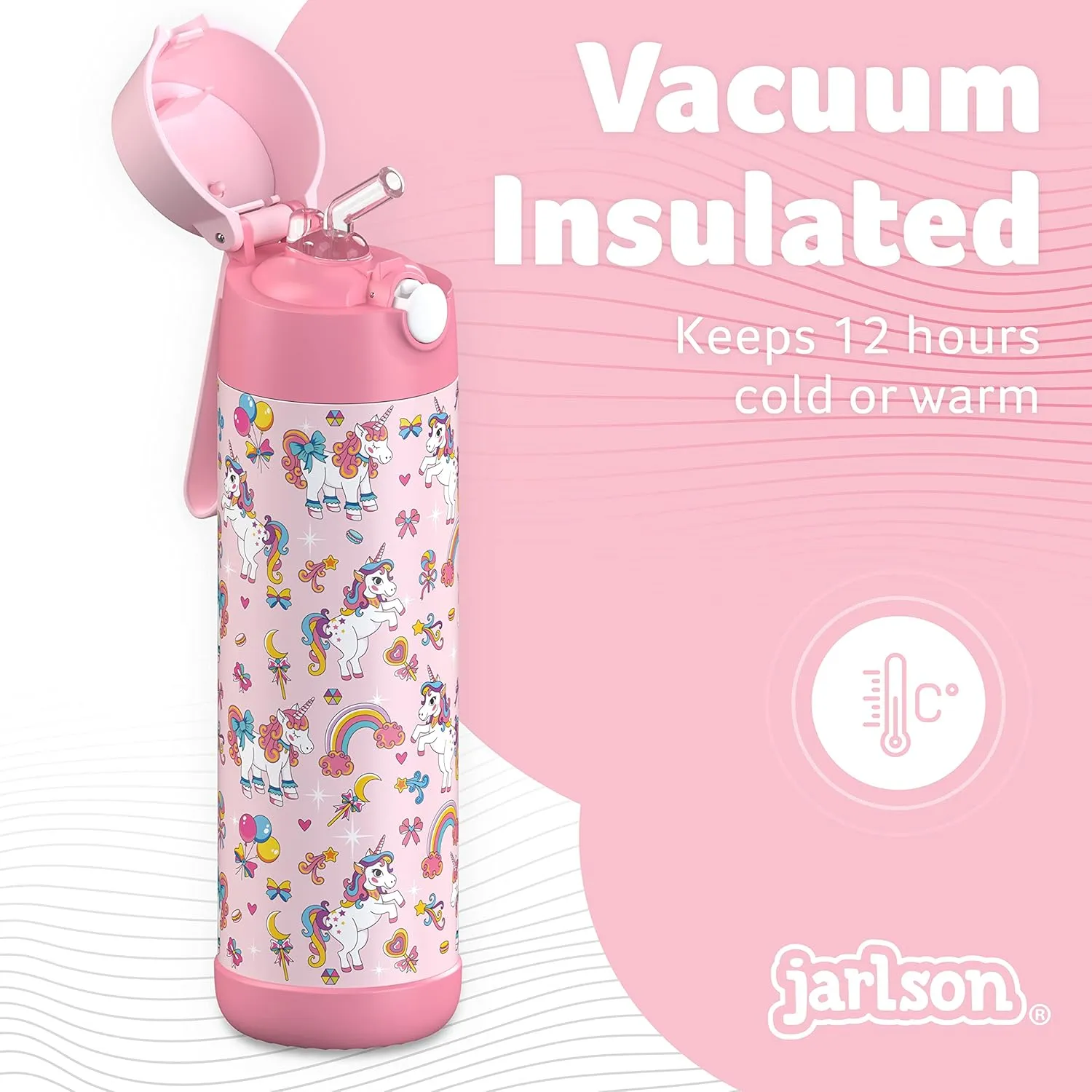 kids water bottle with straw - CHARLI - insulated stainless steel water bottle - thermos - girls/boys (Unicorn 'Mosaic', 18 oz)