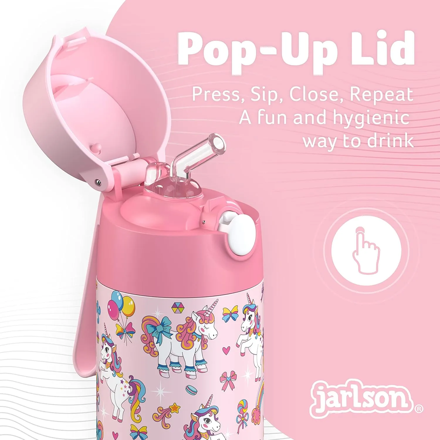 kids water bottle with straw - CHARLI - insulated stainless steel water bottle - thermos - girls/boys (Unicorn 'Mosaic', 18 oz)