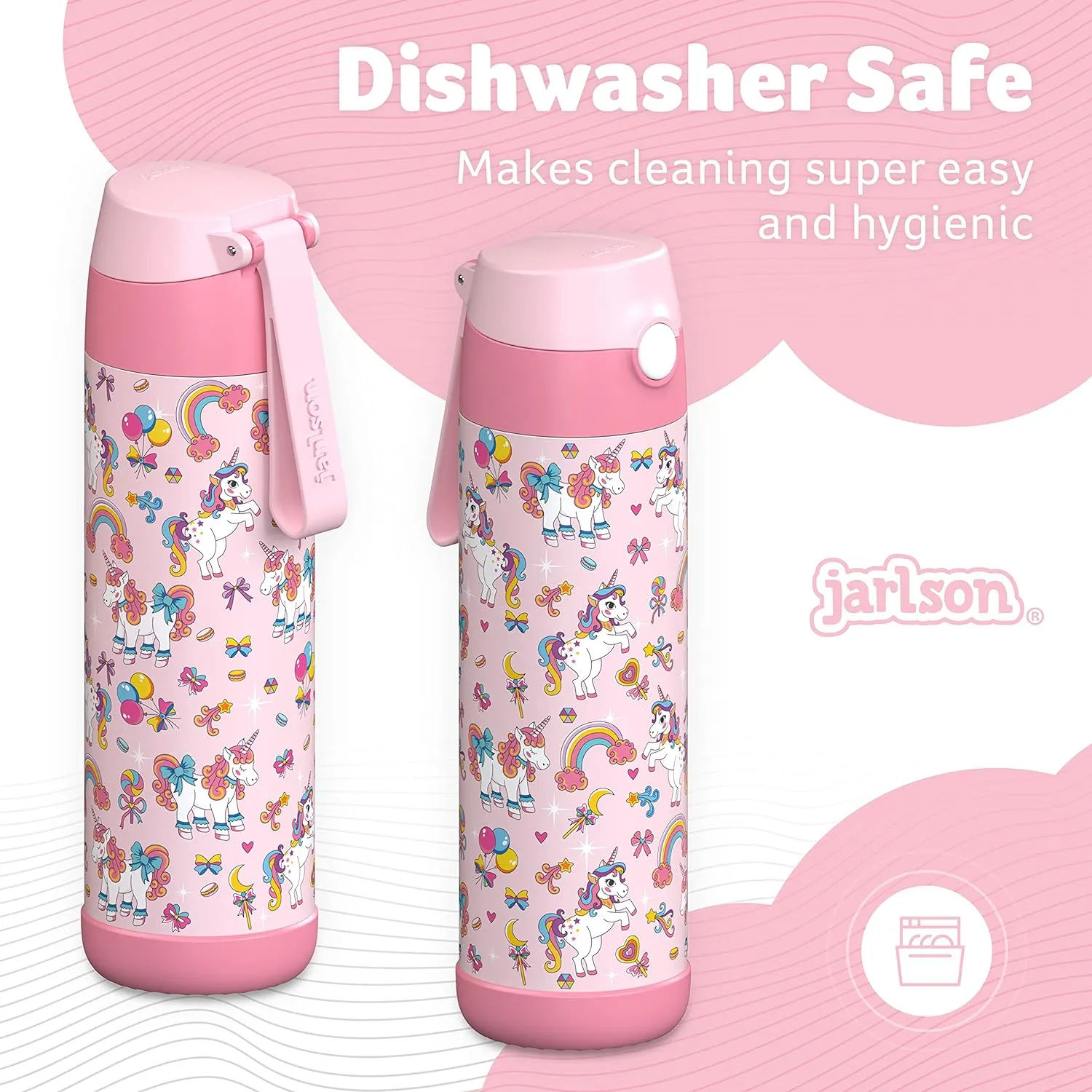 kids water bottle with straw - CHARLI - insulated stainless steel water bottle - thermos - girls/boys (Unicorn 'Mosaic', 18 oz)